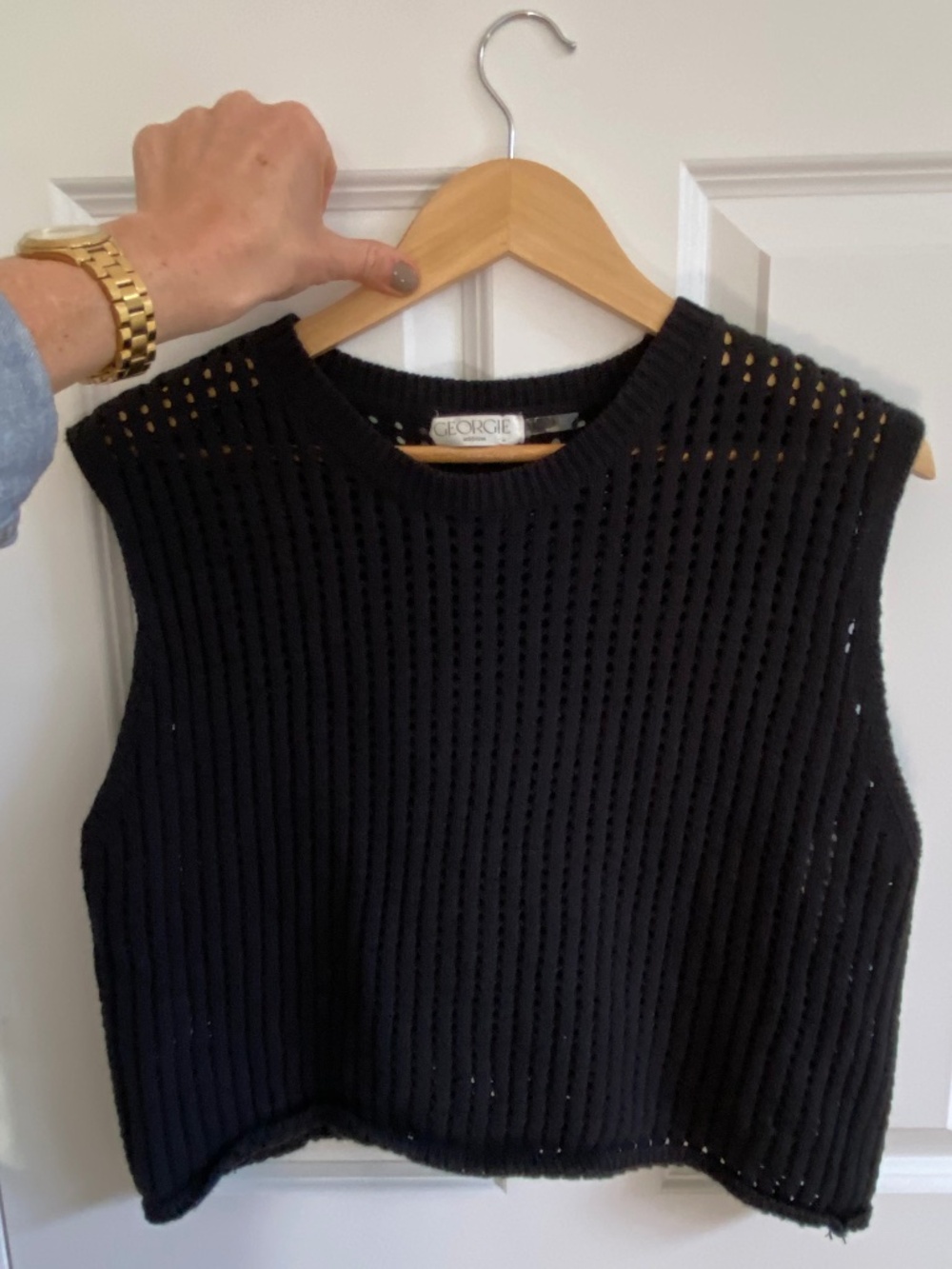 Black Crochet Woven Knit Cotton Top, Sz Medium